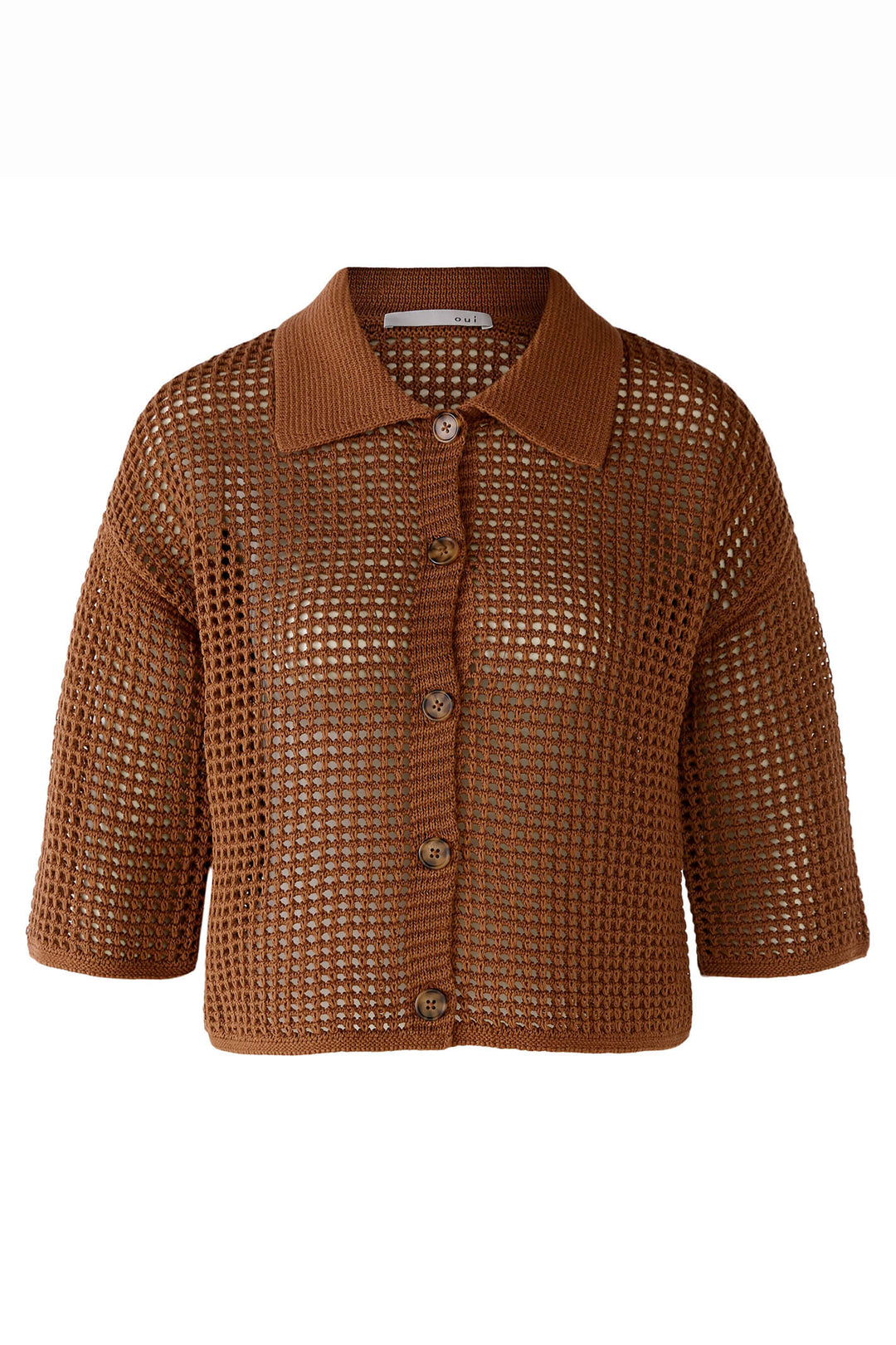 Oui 78626 Toffee Brown Crochet Mesh Cardigan - Shirley Allum Boutique