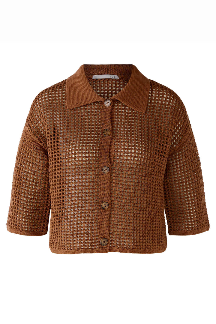 Oui 78626 Toffee Brown Crochet Mesh Cardigan - Shirley Allum Boutique