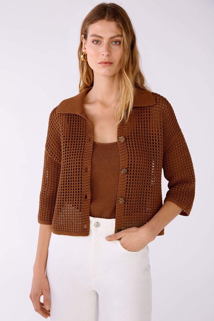 Oui 78626 Toffee Brown Crochet Mesh Cardigan - Shirley Allum Boutique