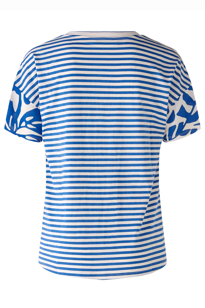 Oui 78795 Blue & White Print Split Neck Short Sleeve Top - Shirley Allum Boutique