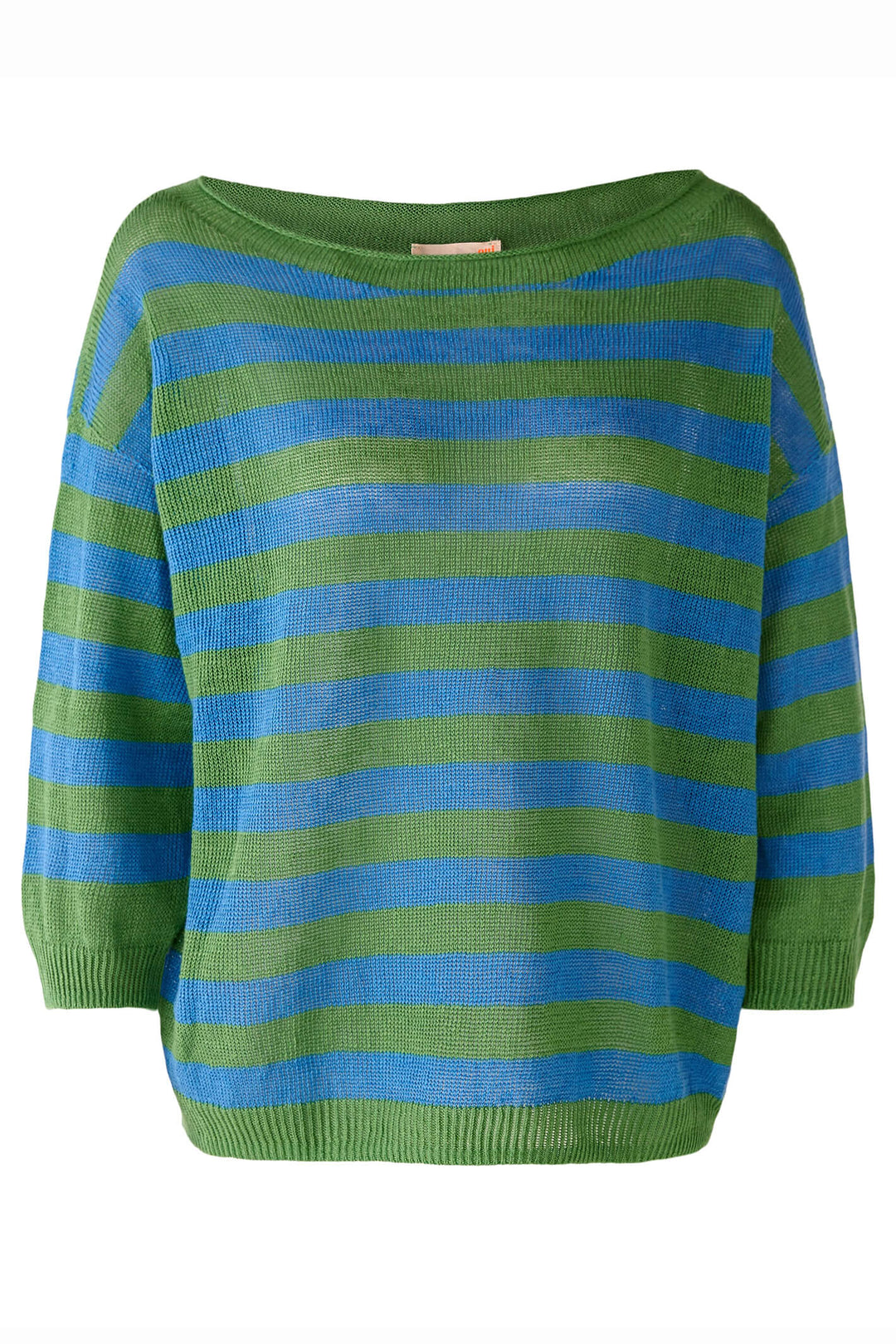 Oui 78825 Green & Blue Stripe Wide Neck Linen Jumper - Shirley Allum Boutique