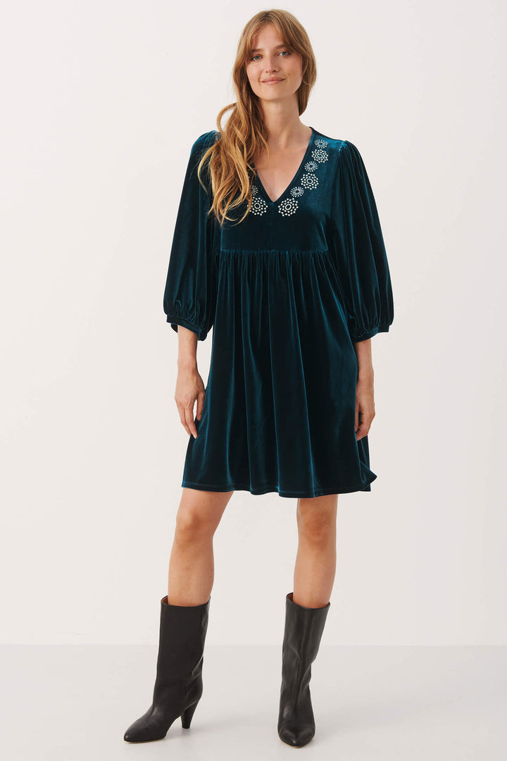 Part Two 30307317 Thit 301659 Teal Blue Moonlit Ocean Velvet Dress - Shirley Allum Boutique
