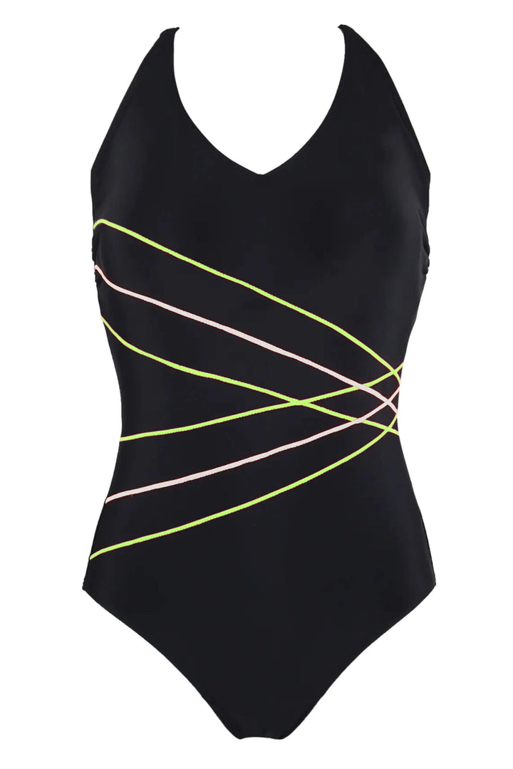 Pour Moi 1401 Energy Black Lime Chlorine Resistant V-Neck Swimsuit - Shirley Allum Boutique