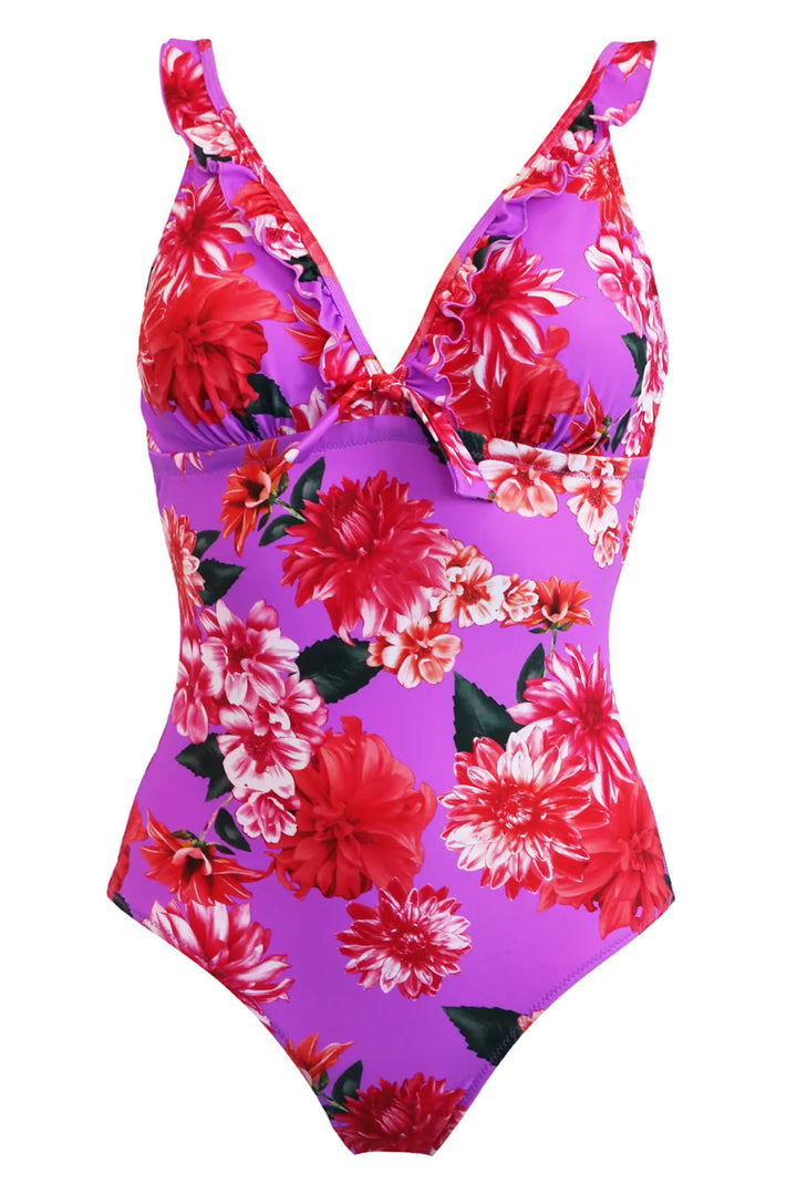 Pour Moi PM80011 Getaway Ultraviolet Floral Frill Control Swimsuit - Shirley Allum Boutique