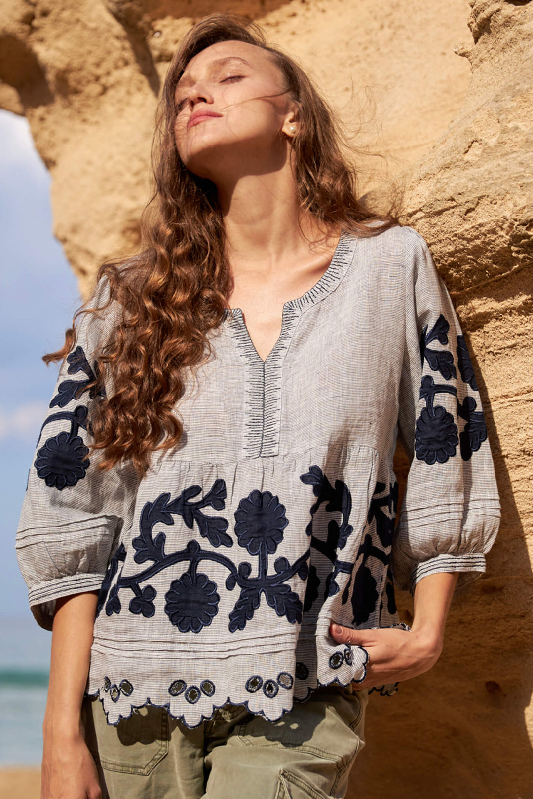 Rose Rose Kitt Charcoal Navy Balloon Sleeve Stripe Top Shirley rose-rose-kitt-charcoal-navy-balloon-sleeve-stripe-top-shirley