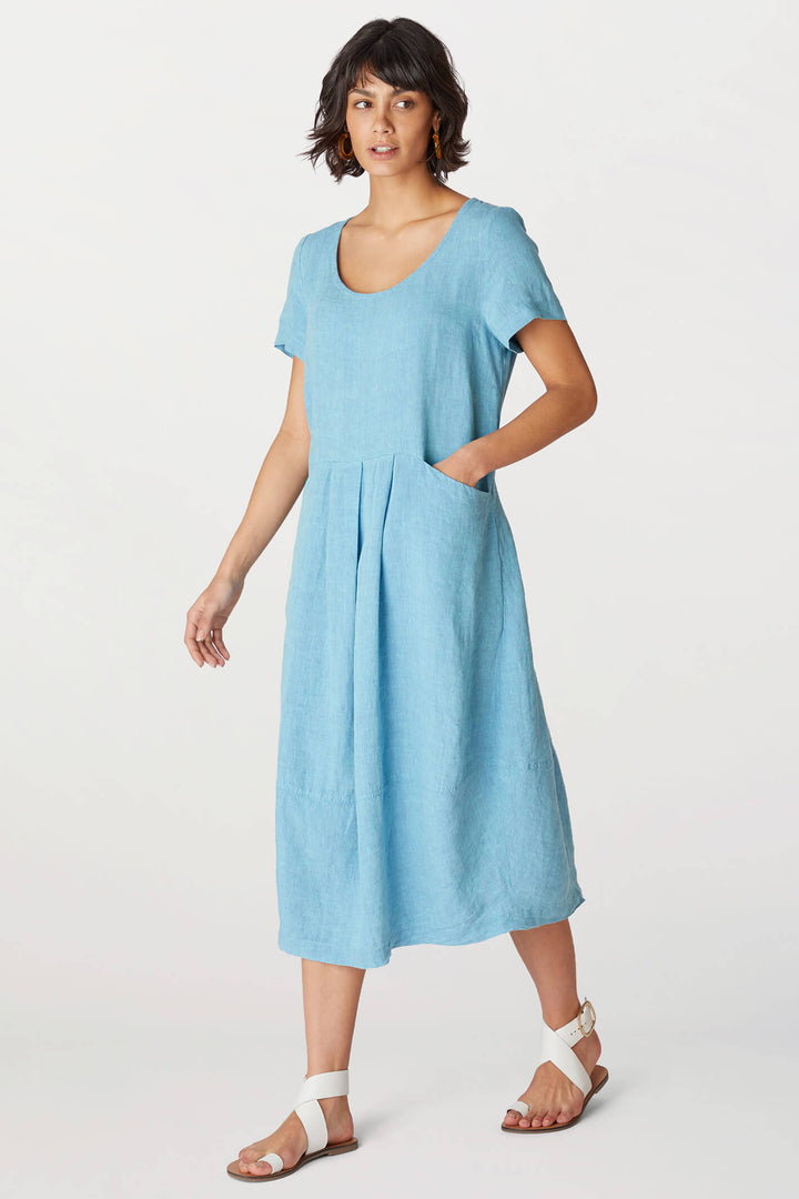 Sahara LAD5300-NCD Sky Blue Cross Dye Linen Bubble Dress - Shirley Allum Boutique