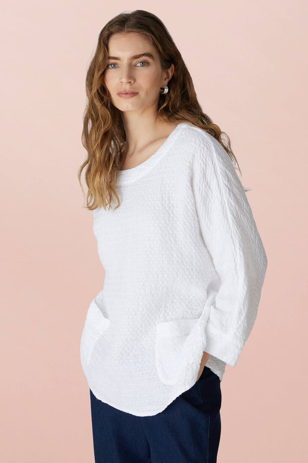 Sahara LAT4188-BEL White Waffle Linen Relaxed Top - Shirley Allum Boutique