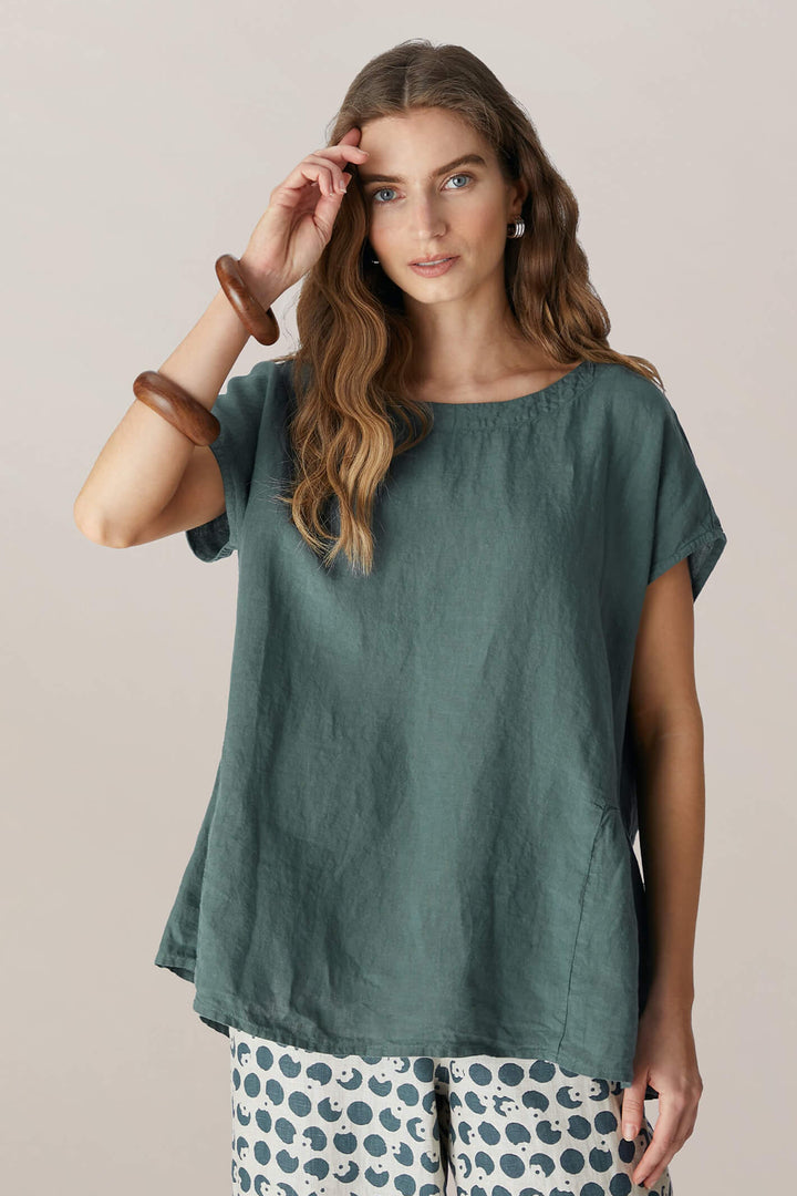 Sahara LAT4685 OL Soft Pine Organza Linen Frill Back Top - Shirley Allum Boutique