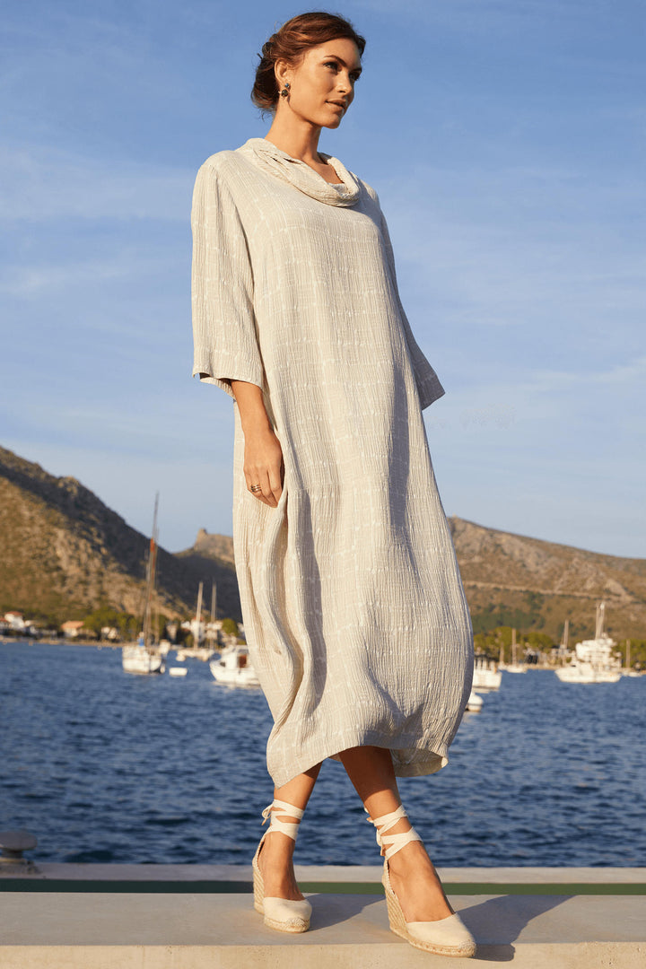 Sahara MTD5292-TSJ Oyster Cream Textured Square Jacquard Dress - Shirley Allum Boutique