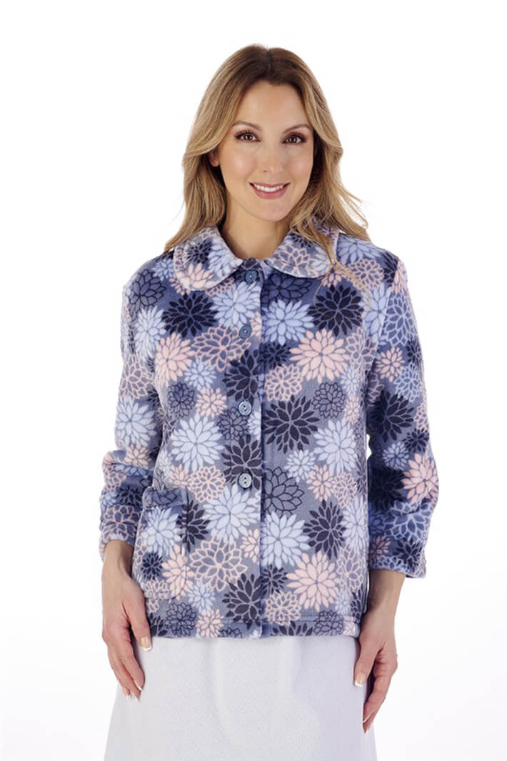 Slenderella BJ02310 Blue Bold Floral Fleece Button Front Bed Jacket - Shirley Allum Boutique