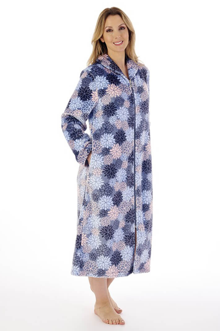 Slenderella HC02312 Blue Bold Floral Fleece Zip Housecoat - Shirley Allum Boutique
