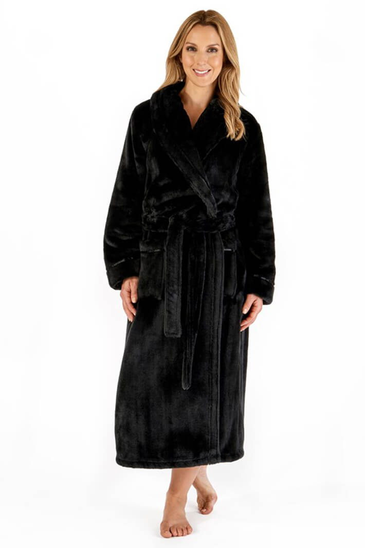 Slenderella HC4342 Black Luxury Flannel Fleece Dressing Gown - Shirley Allum Boutique