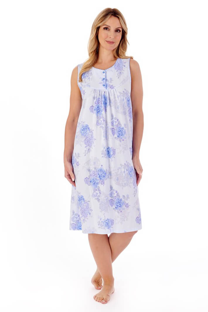 Slenderella ND01131 Blue Floral Three Button Sleeveless Nightdress - Shirley Allum Boutique