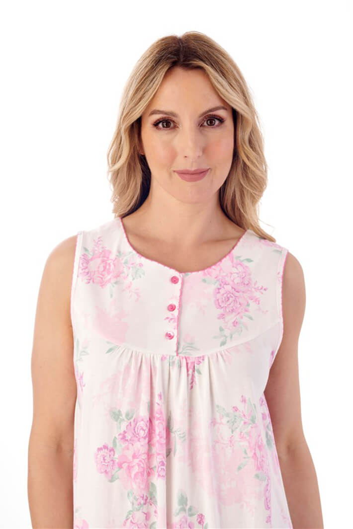 Slenderella ND01131 Pink Floral Three Button Sleeveless Nightdress - Shirley Allum Boutique