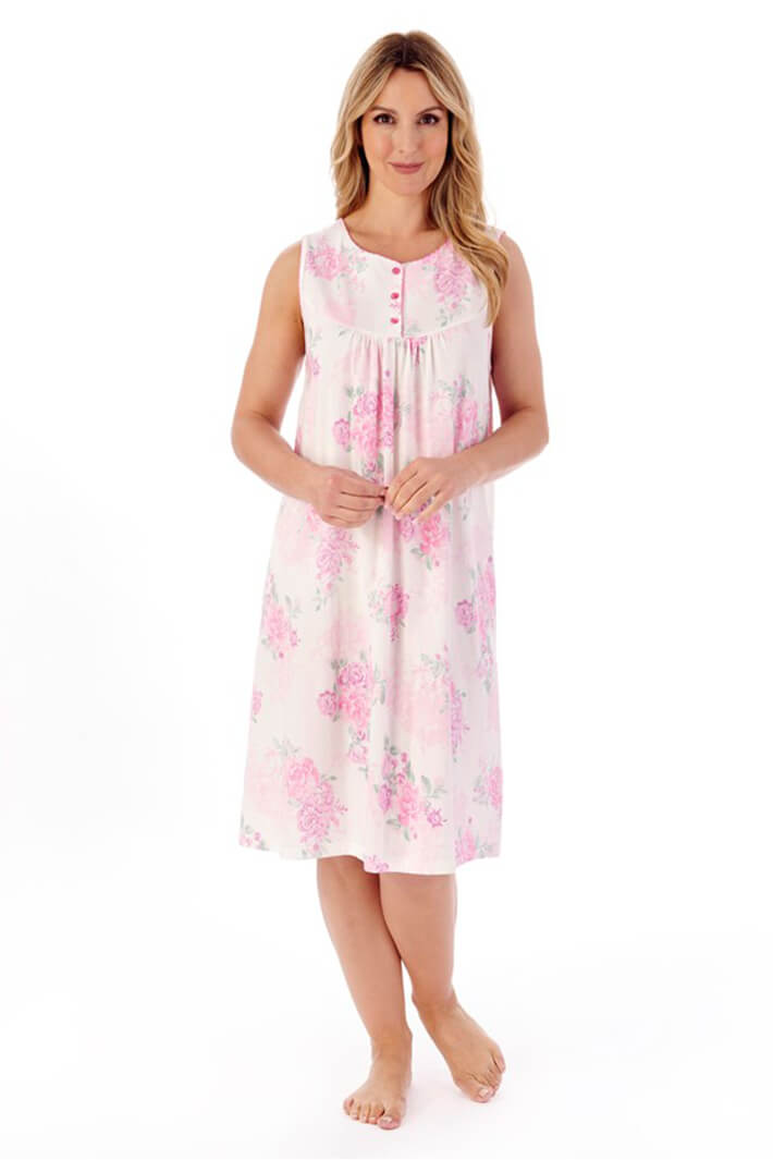 Slenderella ND01131 Pink Floral Three Button Sleeveless Nightdress - Shirley Allum Boutique