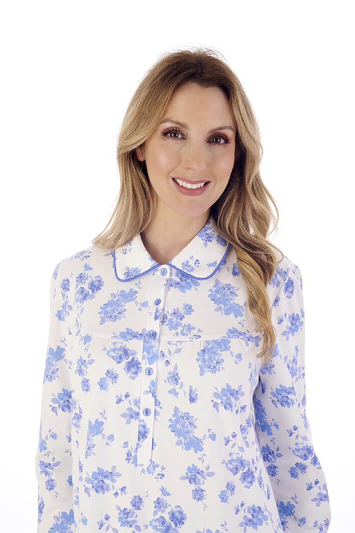 Slenderella ND02127 Blue Floral Print Long Sleeve Nightdress - Shirley Allum Boutique