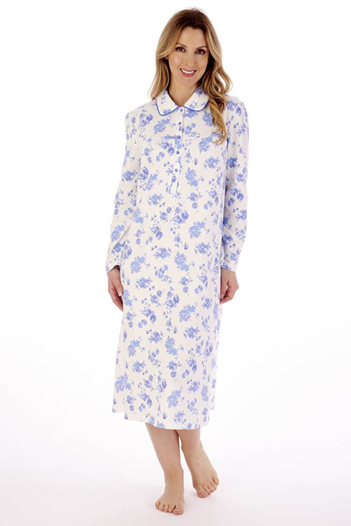 Slenderella ND02127 Blue Floral Print Long Sleeve Nightdress - Shirley Allum Boutique
