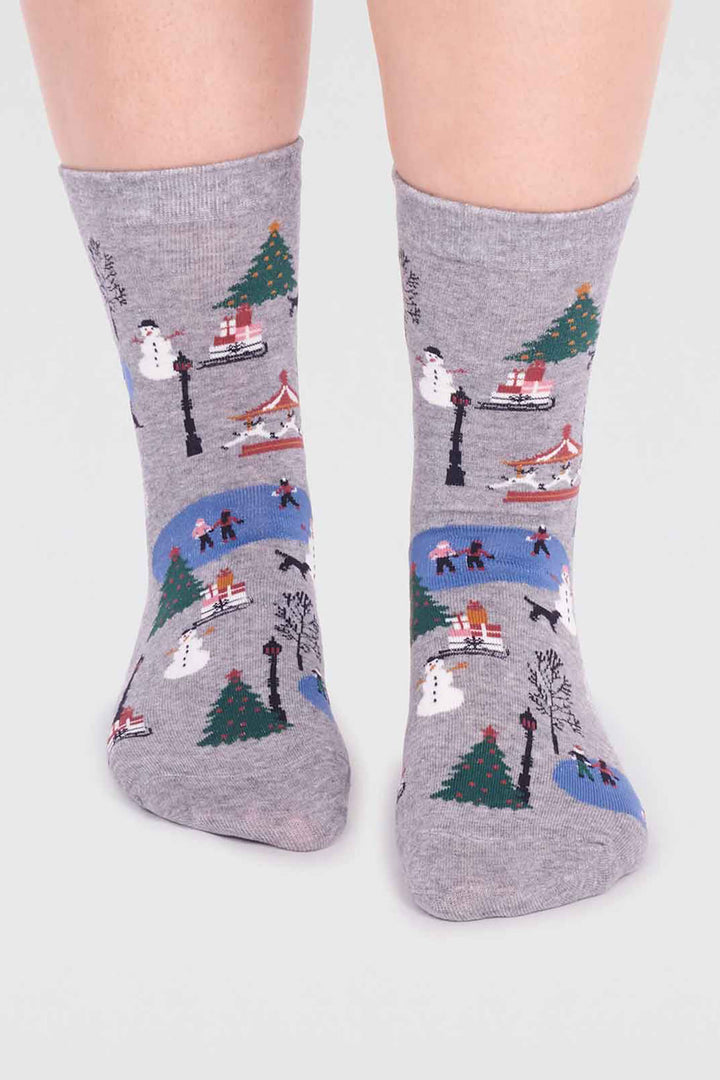 Thought SPW819 Gloria Grey Marle Organic Cotton Christmas Scene Socks - Shirley Allum Boutique