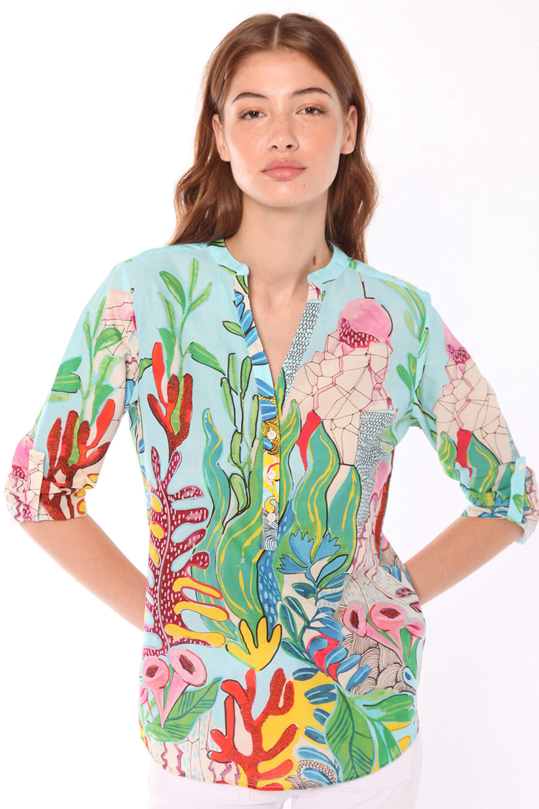 Vilagallo 30009 Francina Blue Coral Reef Print Split Neck Top - Shirley Allum Boutique