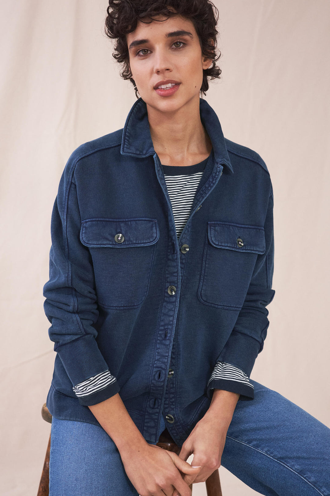 White Stuff 435461 Harriet Button Through Navy Sweat Jacket - Shilrey Allum Boutique