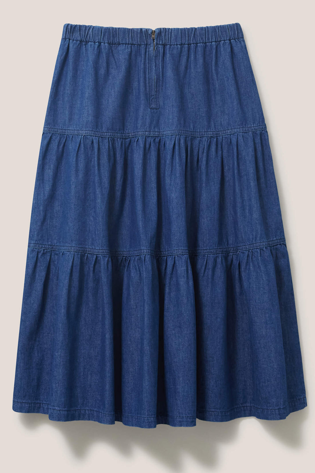 White Stuff 436791 Mia Mid Blue Denim Tiered Midi Skirt - Shirley Allum Boutique