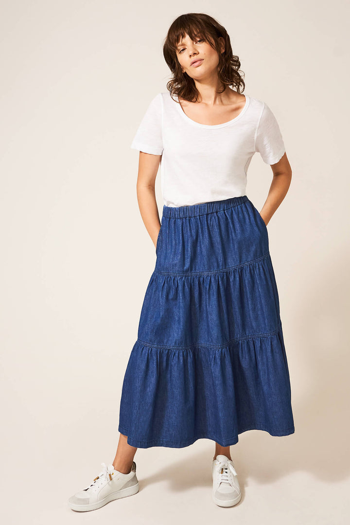 White Stuff 436791 Mia Mid Blue Denim Tiered Midi Skirt - Shirley Allum Boutique