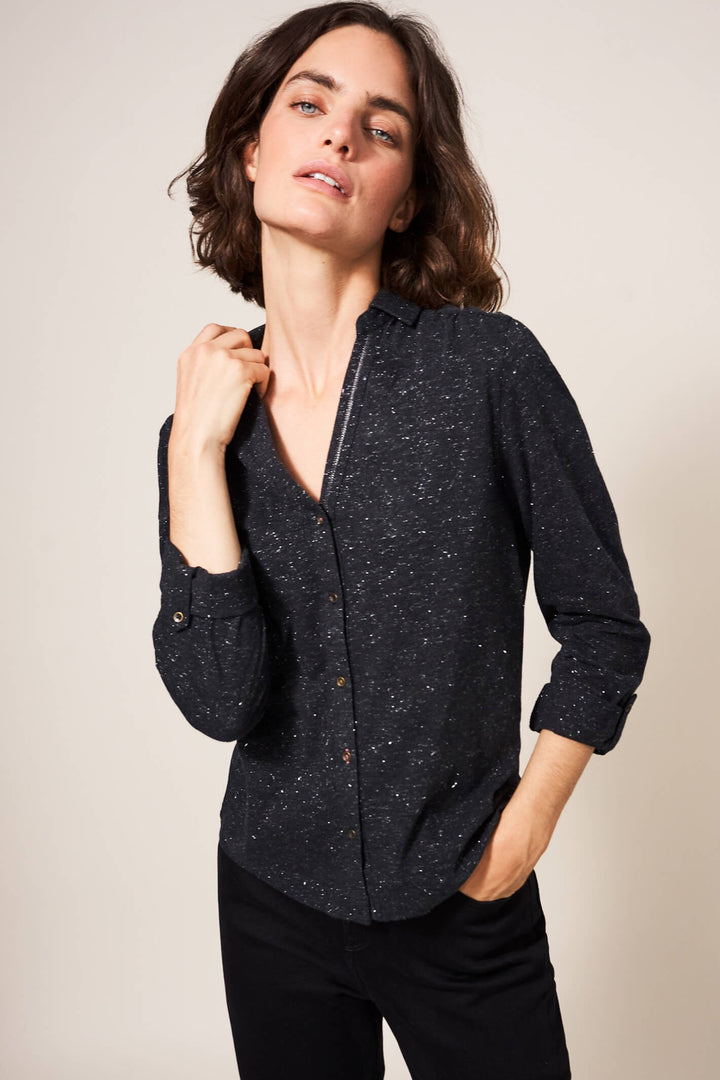 White Stuff 437342 Annie Sparkle Charcoal Grey Jersey Shirt - Shirley Allum Boutique