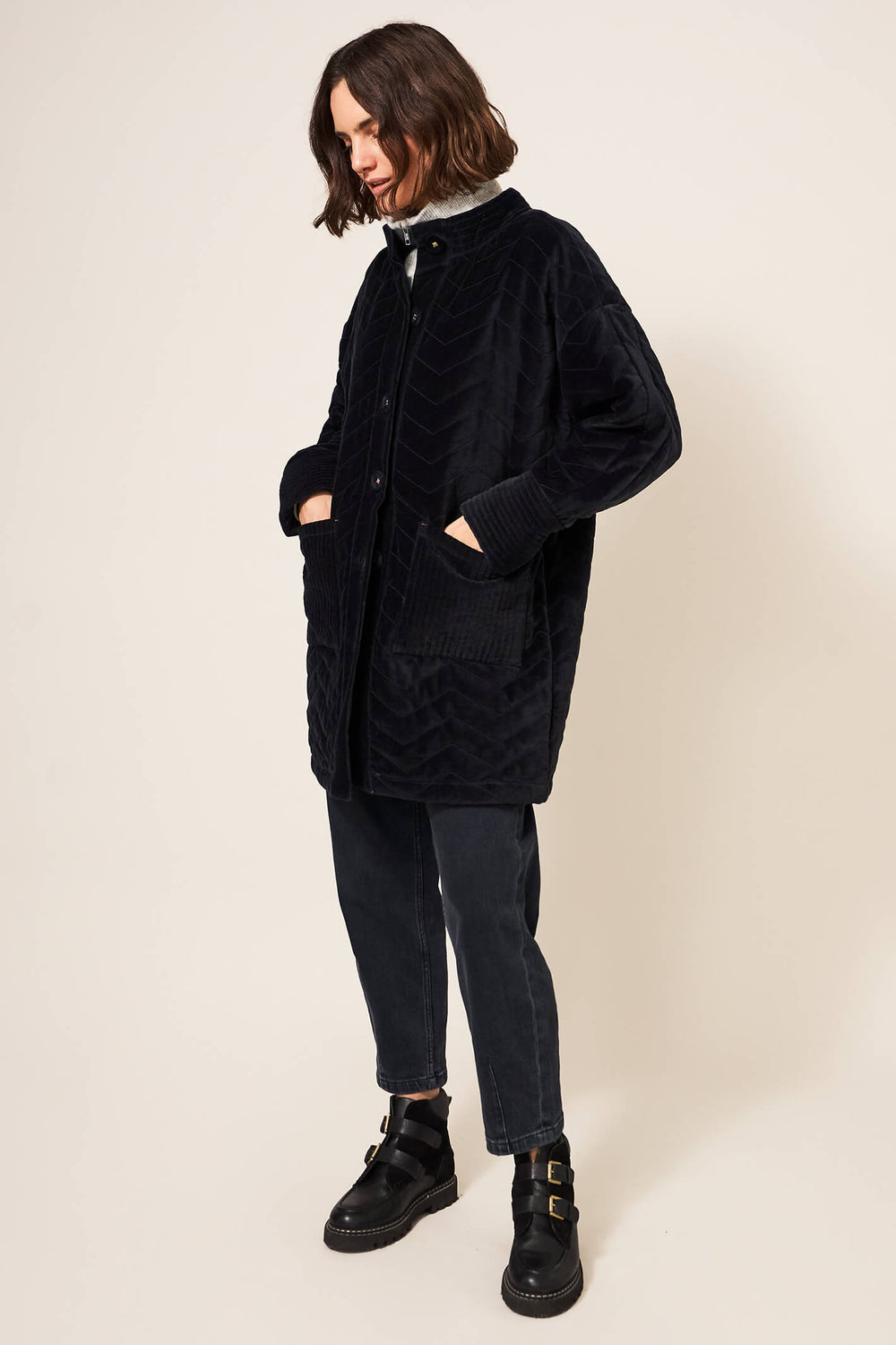 White Stuff 437402 Valentine Charcoal Grey Velvet Coat - Shirley Allum Boutique