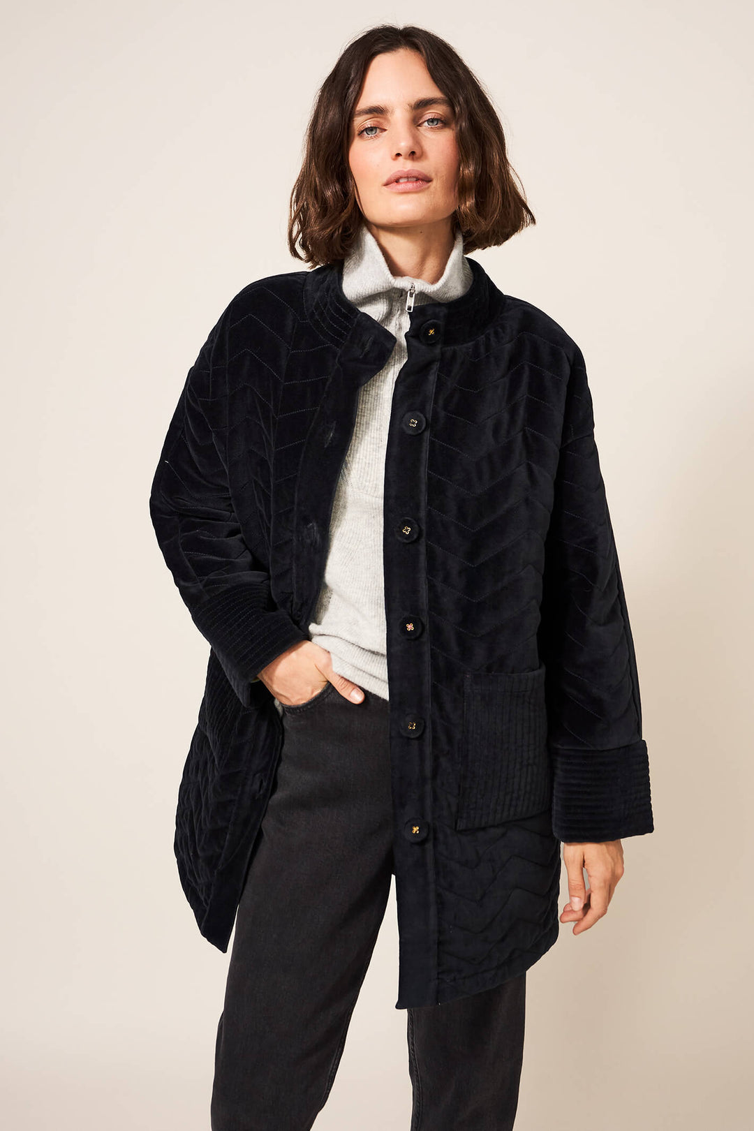 White Stuff 437402 Valentine Charcoal Grey Velvet Coat - Shirley Allum Boutique