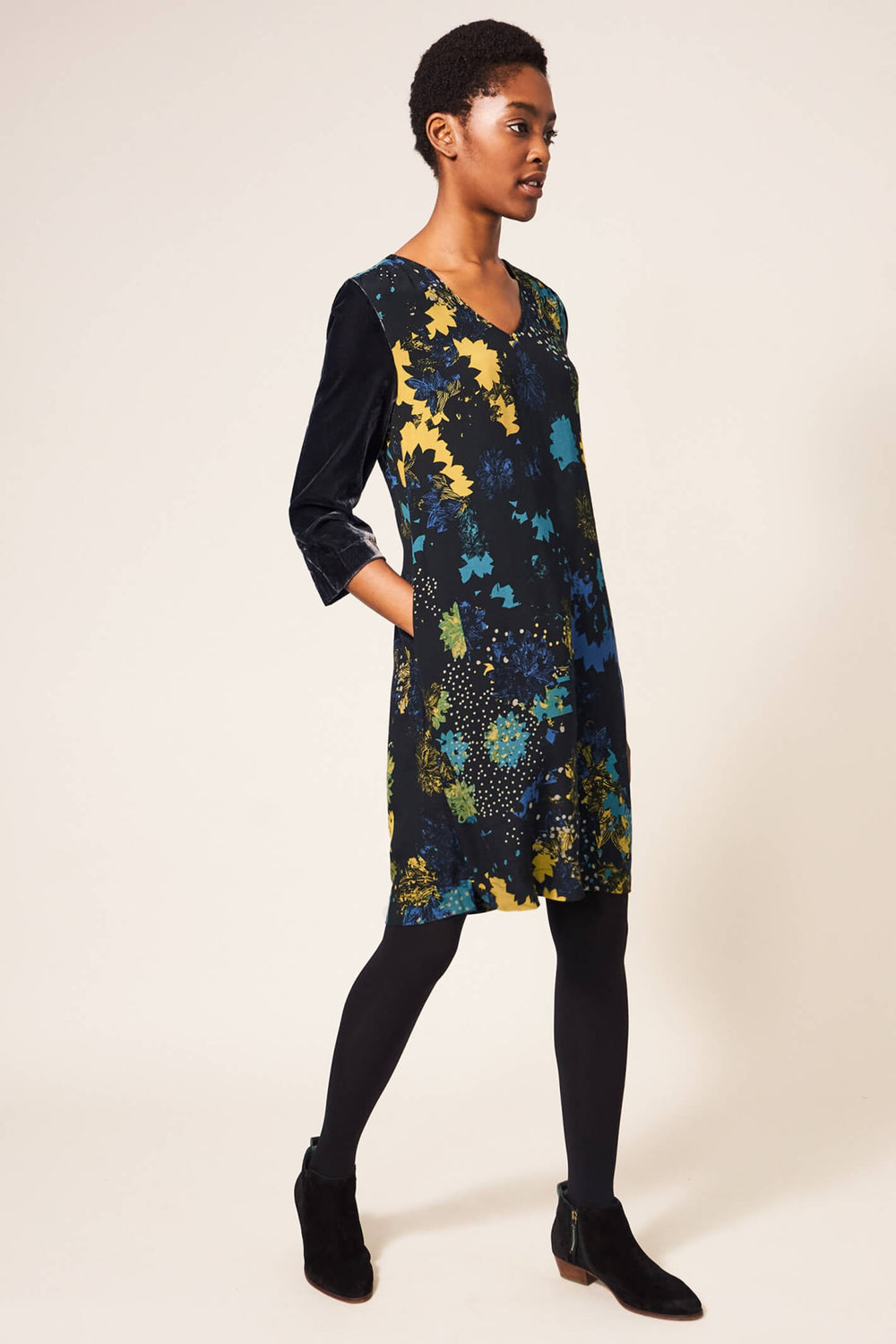 White Stuff 437421 Izzy Grey Multi Velvet Mix Dress - Shirley Allum Boutique