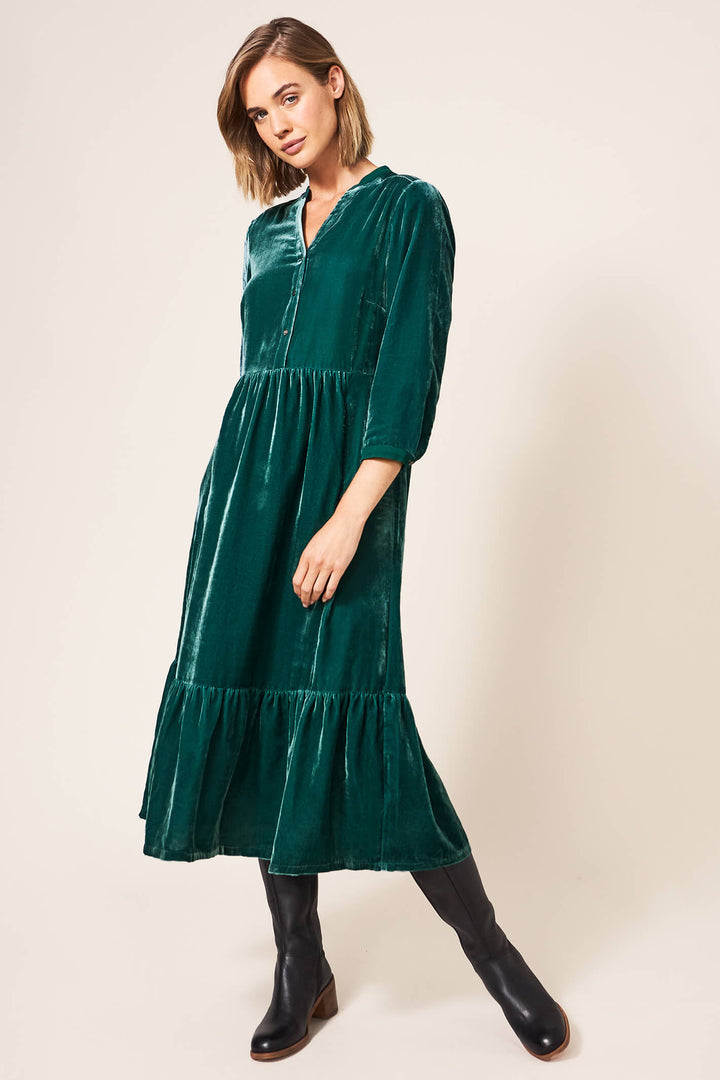 White Stuff 437422 Naya Mid Teal Velvet Midi Dress - Shirley Allum Boutique