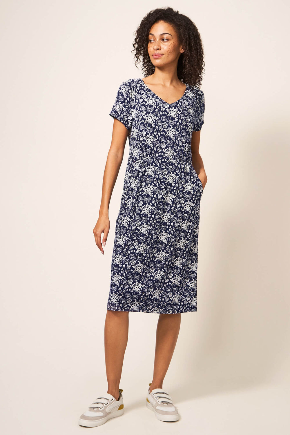 White Stuff 438270 Tallie Ivory And Navy Multi Eco Vero Jersey Dress - Shirley Allum Boutique